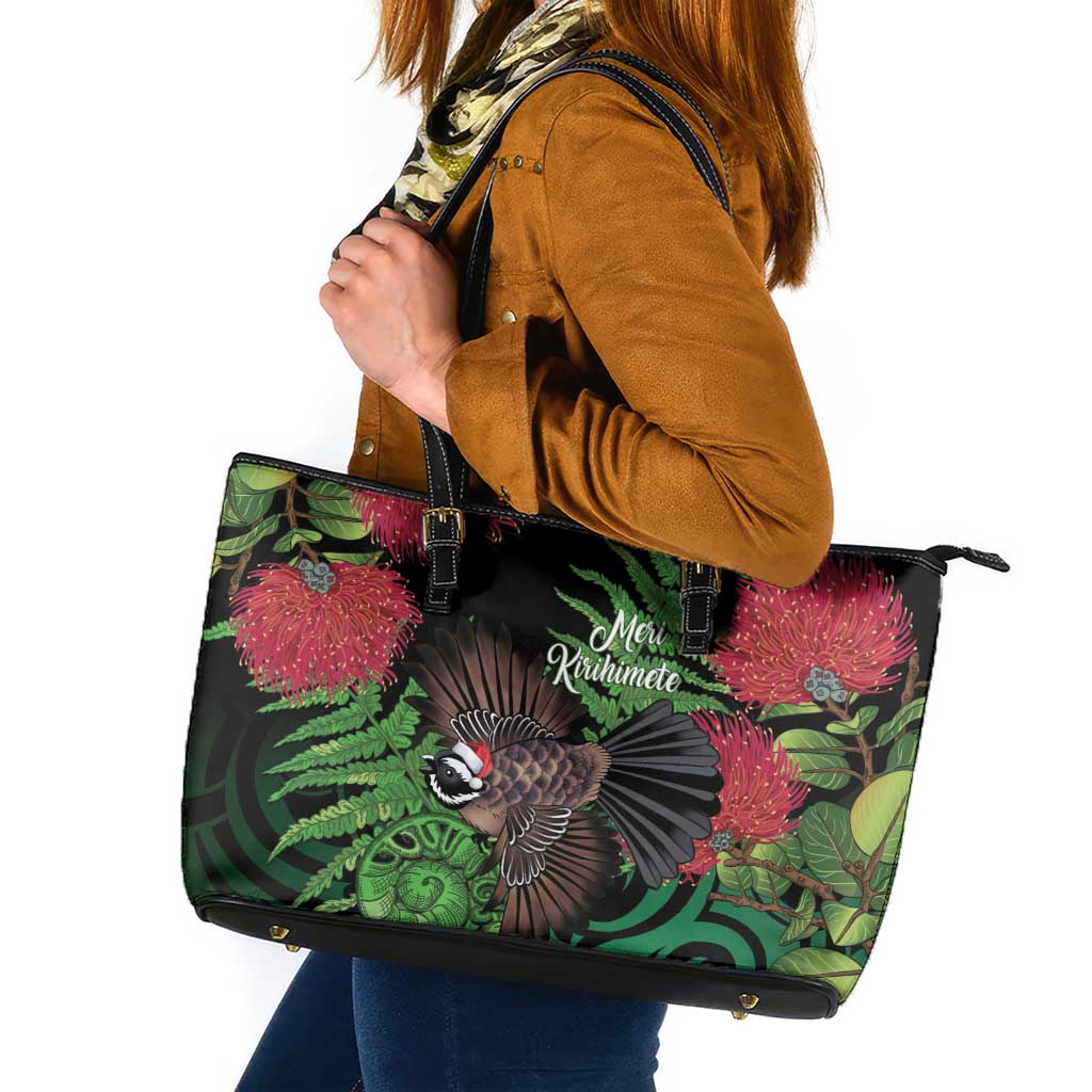 Meri Kirihimete New Zealand Leather Tote Bag Piwakawaka Koru Fern Mix Pohutukawa - Polynesian Pride