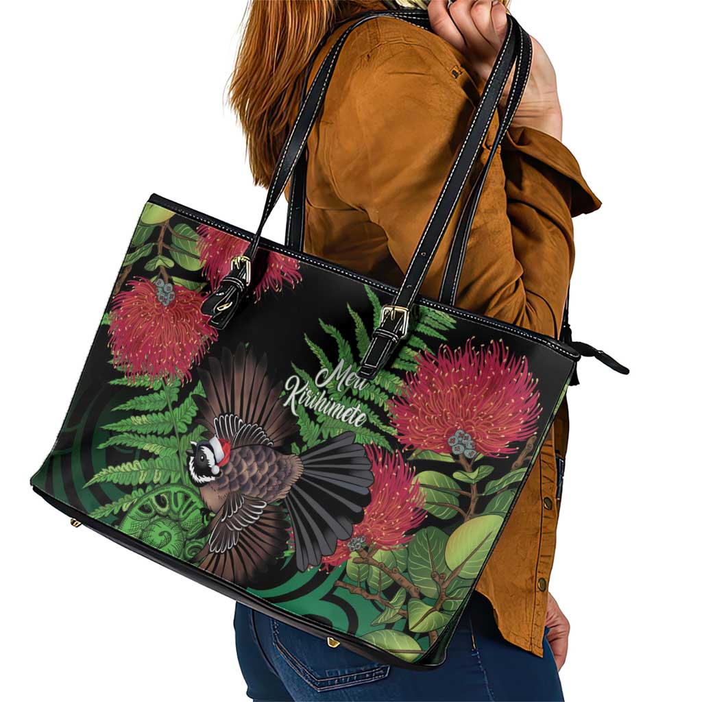 Meri Kirihimete New Zealand Leather Tote Bag Piwakawaka Koru Fern Mix Pohutukawa - Polynesian Pride