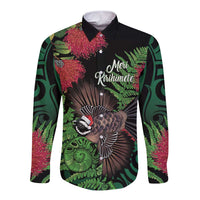 Meri Kirihimete New Zealand Long Sleeve Button Shirt Piwakawaka Koru Fern Mix Pohutukawa - Polynesian Pride