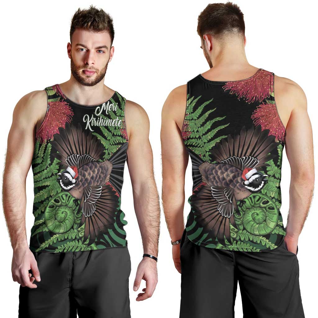 Meri Kirihimete New Zealand Men Tank Top Piwakawaka Koru Fern Mix Pohutukawa - Polynesian Pride