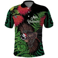 Meri Kirihimete New Zealand Polo Shirt Piwakawaka Koru Fern Mix Pohutukawa - Polynesian Pride