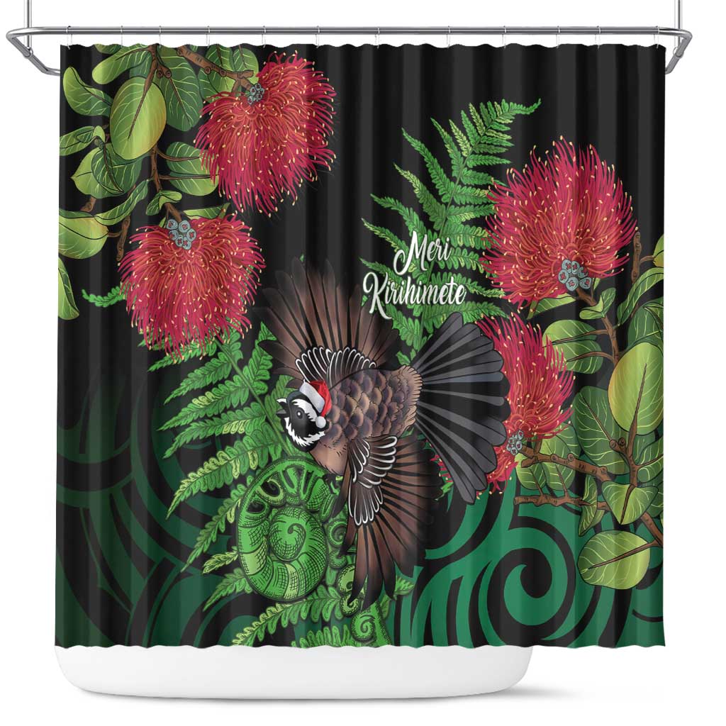 Meri Kirihimete New Zealand Shower Curtain Piwakawaka Koru Fern Mix Pohutukawa - Polynesian Pride