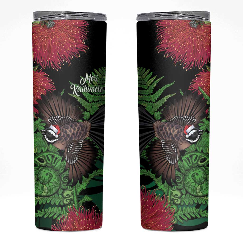 Meri Kirihimete New Zealand Skinny Tumbler Piwakawaka Koru Fern Mix Pohutukawa LT14 Black - Polynesian Pride