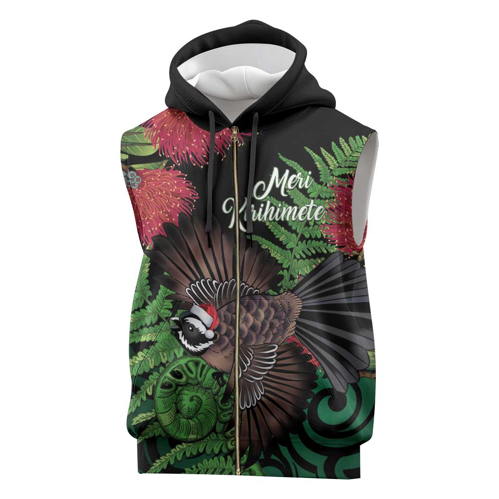 Meri Kirihimete New Zealand Sleeveless Zip Hoodie Piwakawaka Koru Fern Mix Pohutukawa - Polynesian Pride