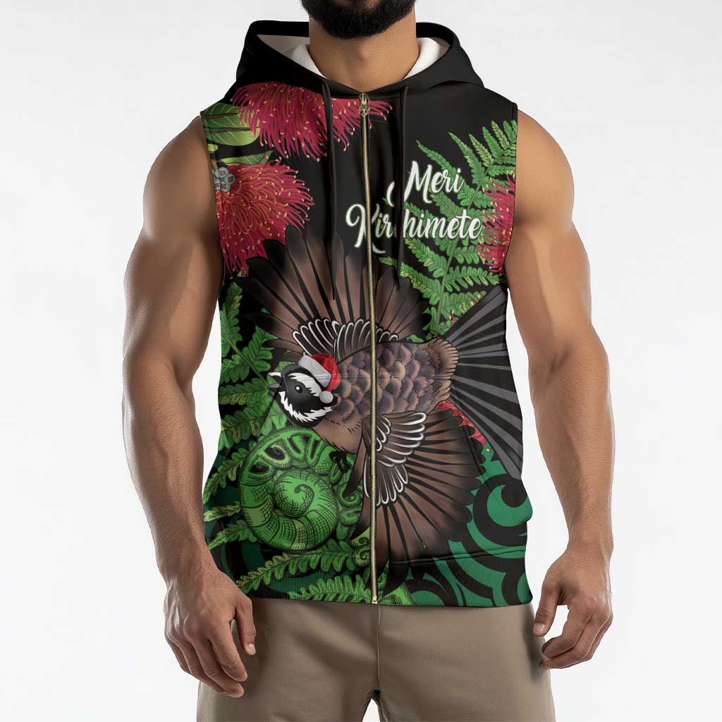 Meri Kirihimete New Zealand Sleeveless Zip Hoodie Piwakawaka Koru Fern Mix Pohutukawa - Polynesian Pride
