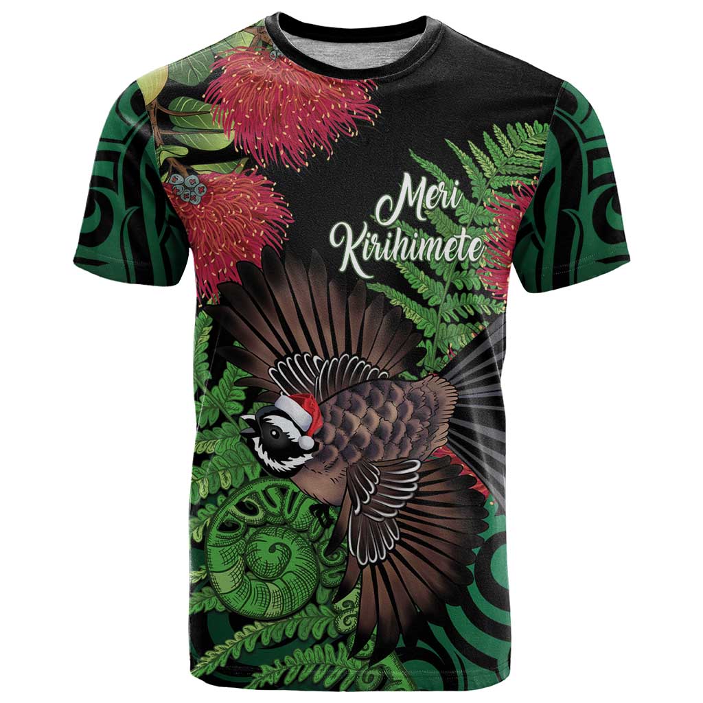 Meri Kirihimete New Zealand T Shirt Piwakawaka Koru Fern Mix Pohutukawa - Polynesian Pride