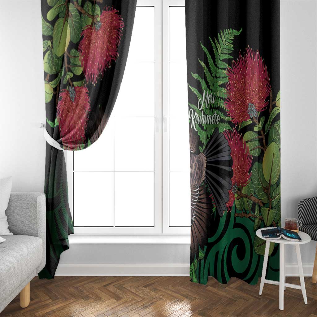 Meri Kirihimete New Zealand Window Curtain Piwakawaka Koru Fern Mix Pohutukawa - Polynesian Pride