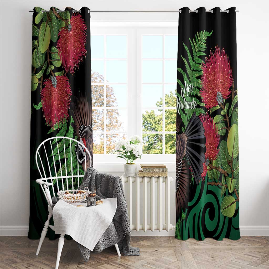 Meri Kirihimete New Zealand Window Curtain Piwakawaka Koru Fern Mix Pohutukawa - Polynesian Pride