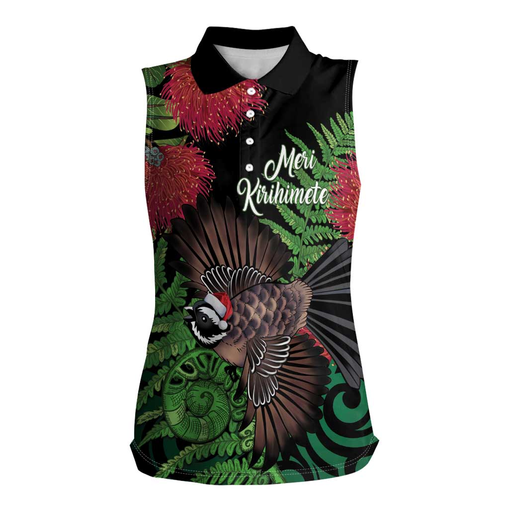 Meri Kirihimete New Zealand Women Sleeveless Polo Shirt Piwakawaka Koru Fern Mix Pohutukawa - Polynesian Pride