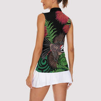 Meri Kirihimete New Zealand Women Sleeveless Polo Shirt Piwakawaka Koru Fern Mix Pohutukawa - Polynesian Pride
