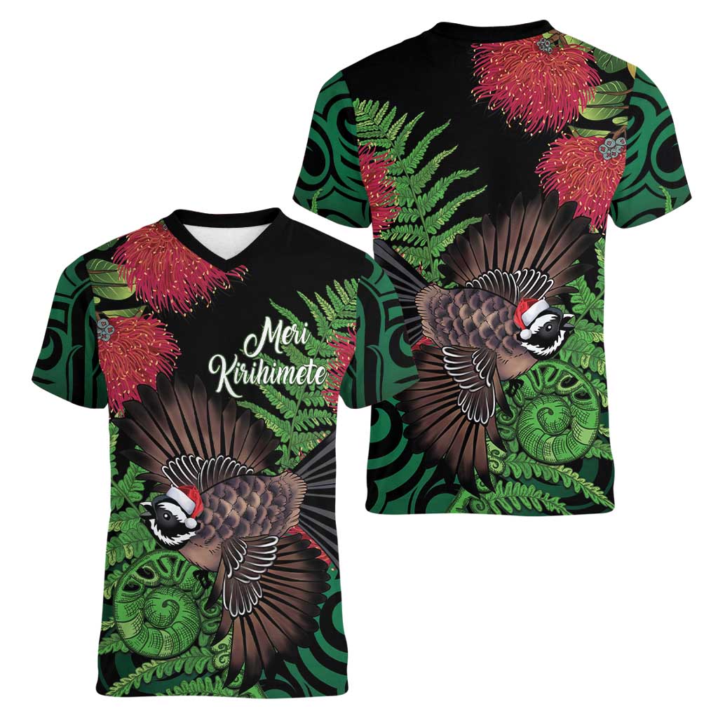 Meri Kirihimete New Zealand Women V-Neck T-Shirt Piwakawaka Koru Fern Mix Pohutukawa - Polynesian Pride