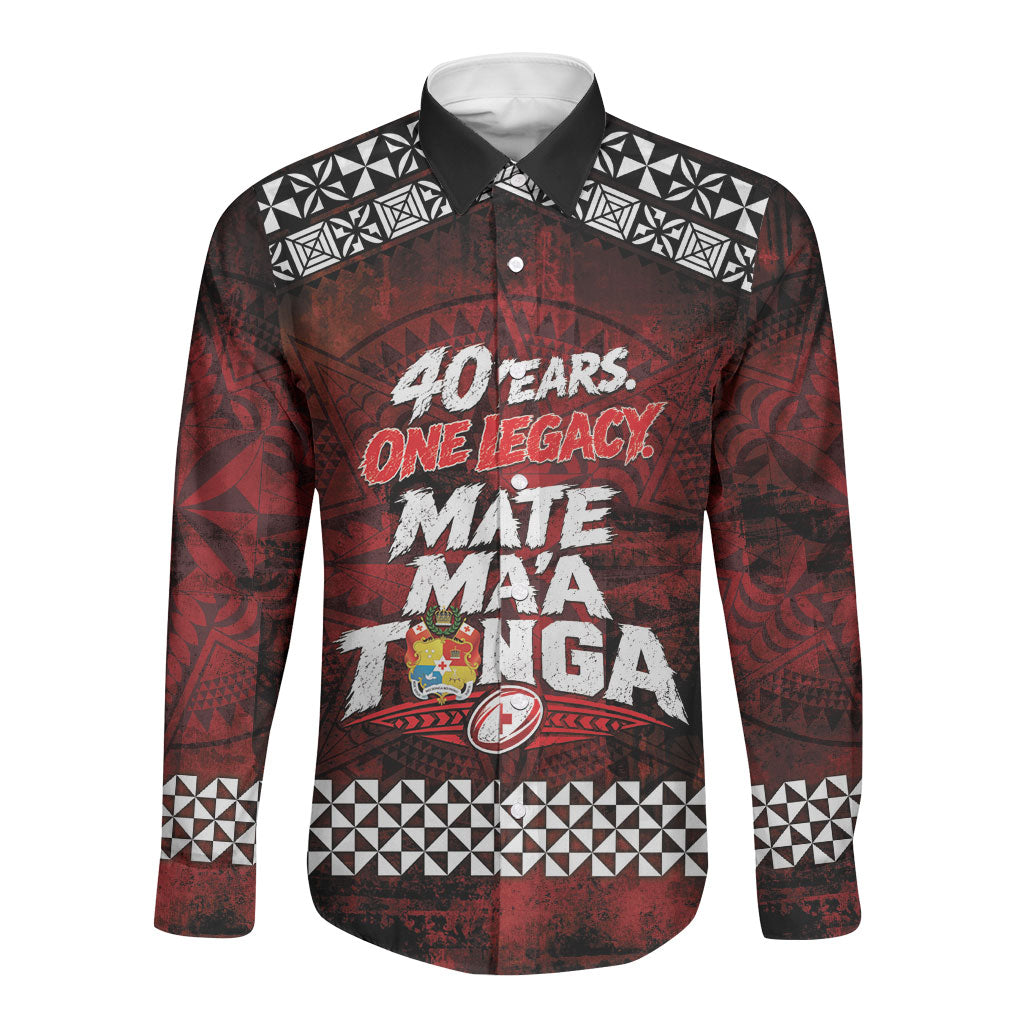 Mate Maa Tonga Rugby 2026 Long Sleeve Button Shirt 40 Years Anniversary One Legacy LT14 Unisex Red - Polynesian Pride