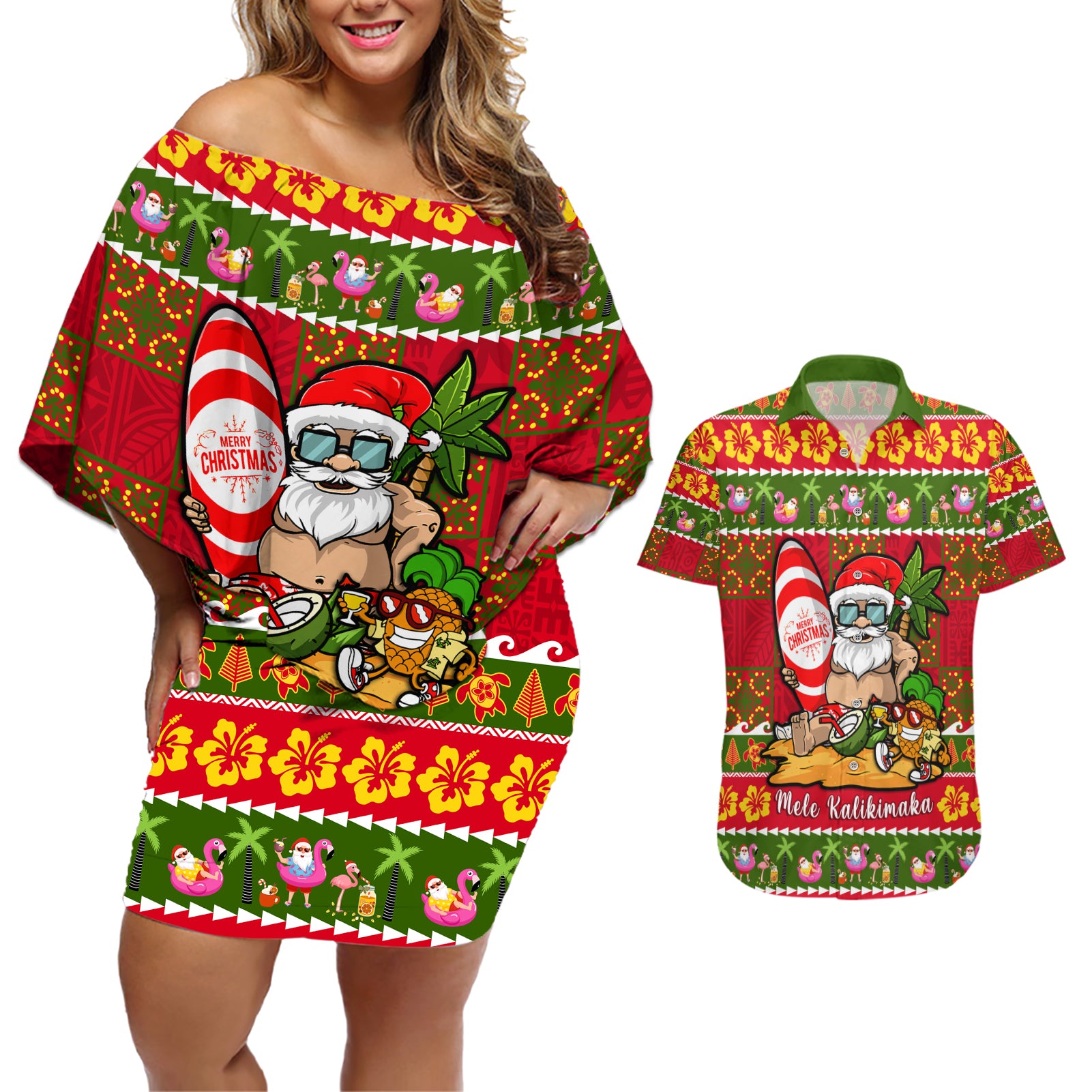 Personalised Hawaii Surfing Santa Christmas Couples Matching Off Shoulder Short Dress and Hawaiian Shirt Tropical Pineapple Mele Kalikimaka Quilt Pattern LT14 Red - Polynesian Pride