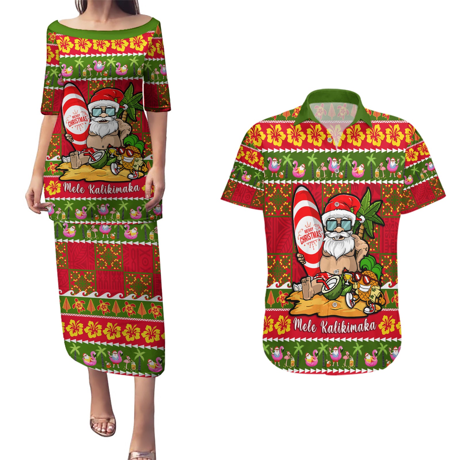Personalised Hawaii Surfing Santa Christmas Couples Matching Puletasi Dress and Hawaiian Shirt Tropical Pineapple Mele Kalikimaka Quilt Pattern LT14 Red - Polynesian Pride