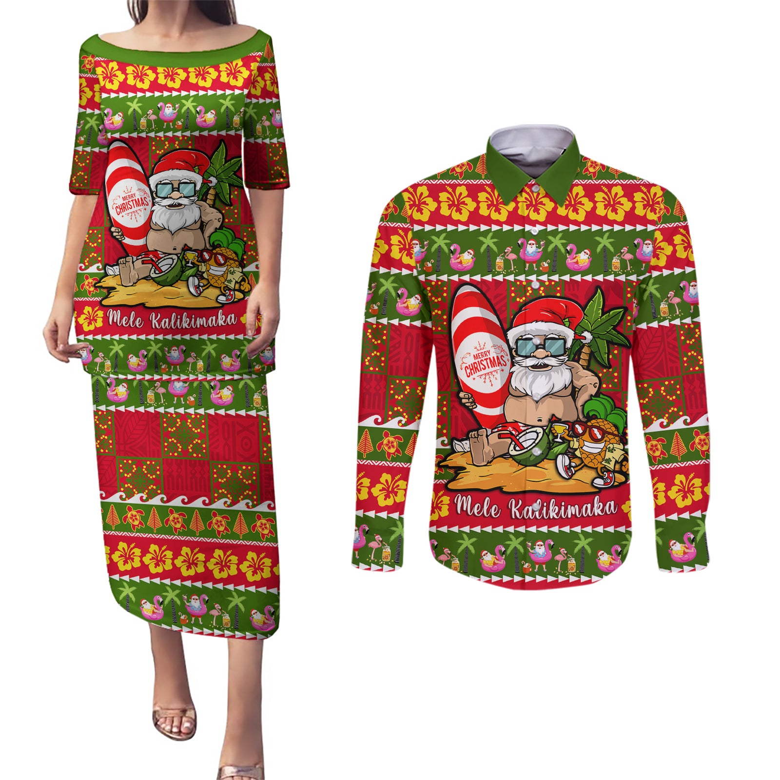 Personalised Hawaii Surfing Santa Christmas Couples Matching Puletasi Dress and Long Sleeve Button Shirt Tropical Pineapple Mele Kalikimaka Quilt Pattern LT14 Red - Polynesian Pride