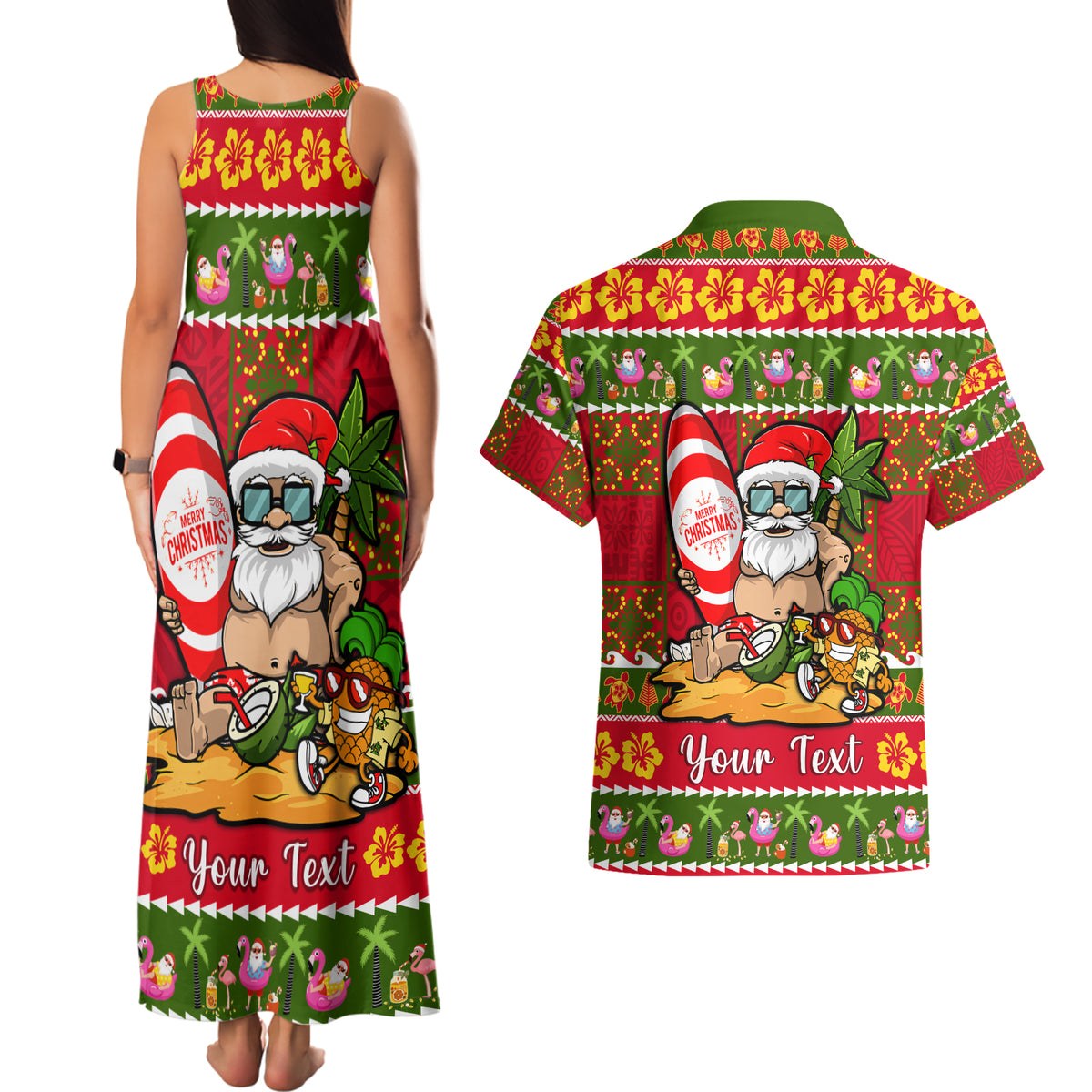 Personalised Hawaii Surfing Santa Christmas Couples Matching Tank Maxi Dress and Hawaiian Shirt Tropical Pineapple Mele Kalikimaka Quilt Pattern LT14 - Polynesian Pride
