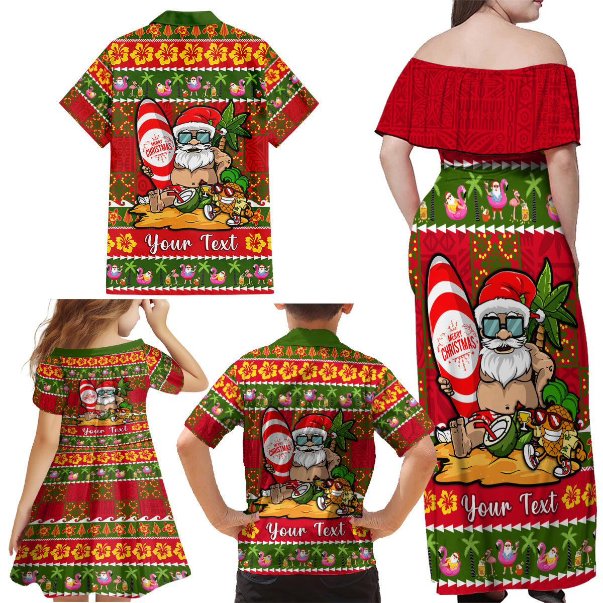 Personalised Hawaii Surfing Santa Christmas Family Matching Off Shoulder Maxi Dress and Hawaiian Shirt Tropical Pineapple Mele Kalikimaka Quilt Pattern LT14 - Polynesian Pride
