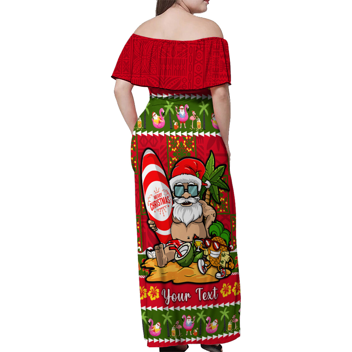Personalised Hawaii Surfing Santa Christmas Family Matching Off Shoulder Maxi Dress and Hawaiian Shirt Tropical Pineapple Mele Kalikimaka Quilt Pattern LT14 - Polynesian Pride