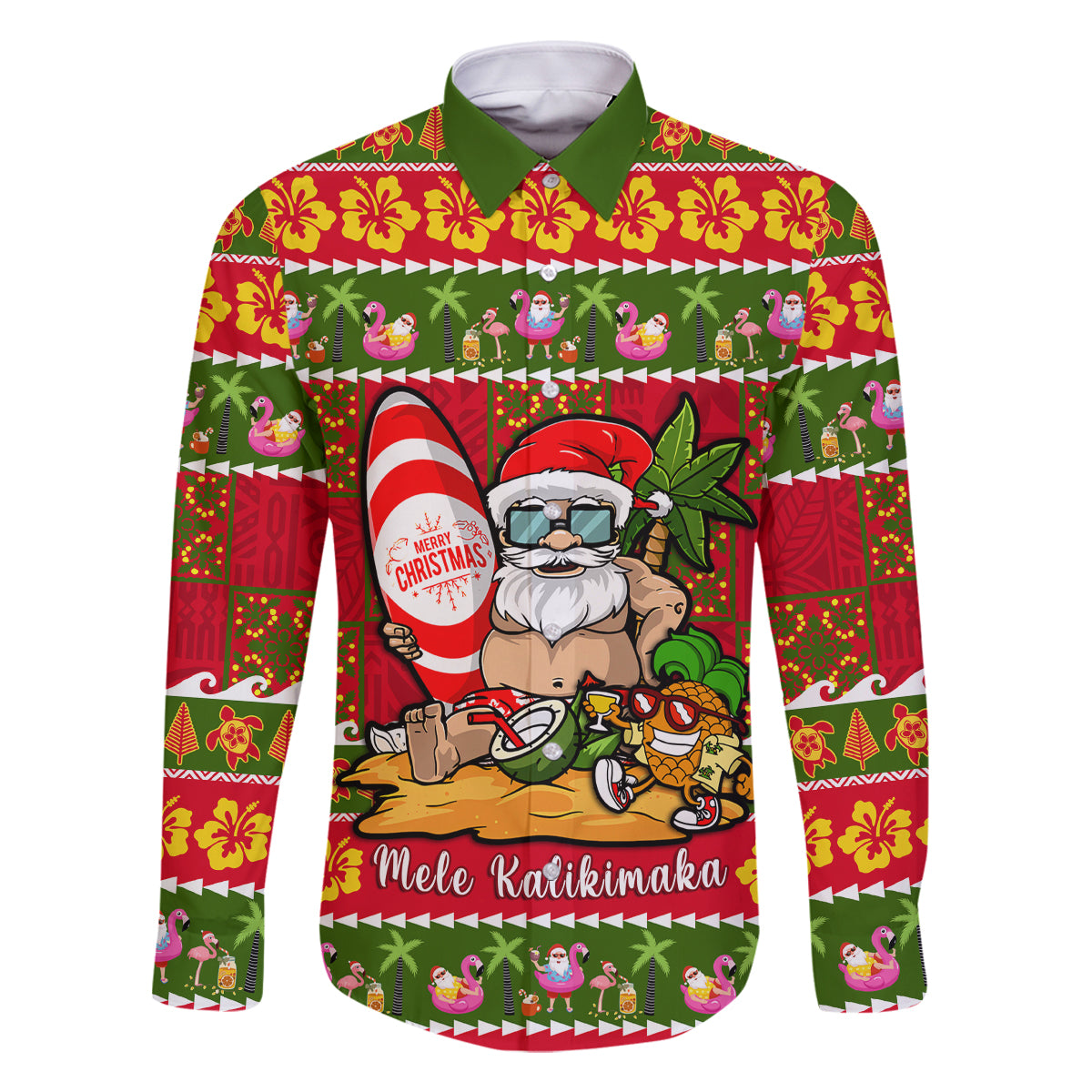 Personalised Hawaii Surfing Santa Christmas Family Matching Off Shoulder Short Dress and Hawaiian Shirt Tropical Pineapple Mele Kalikimaka Quilt Pattern LT14 Dad's Shirt - Long Sleeve Red - Polynesian Pride