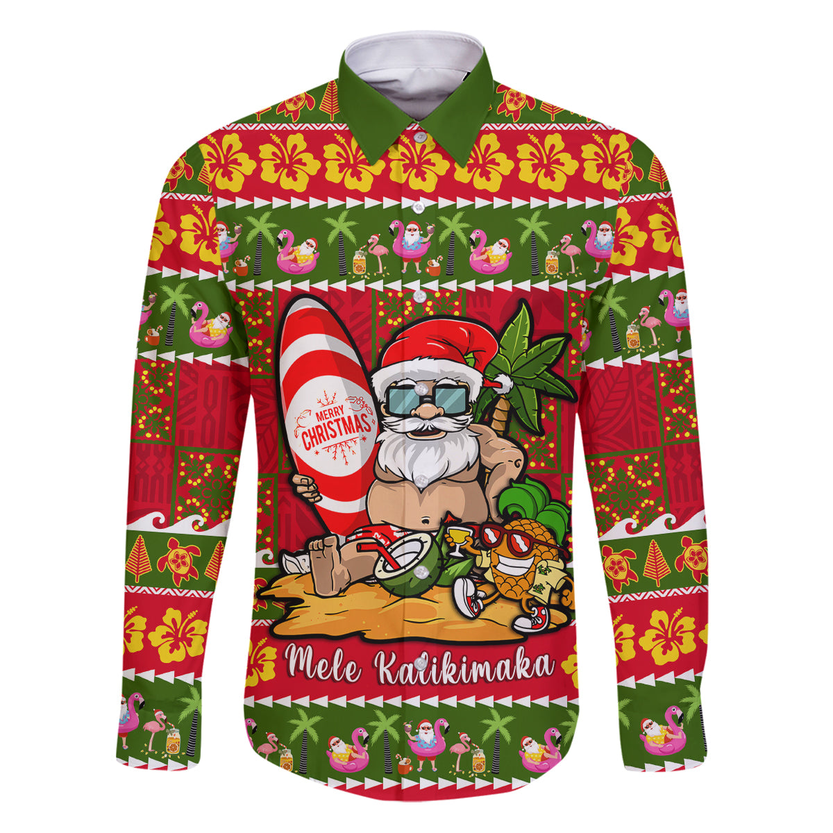 Personalised Hawaii Surfing Santa Christmas Family Matching Puletasi Dress and Hawaiian Shirt Tropical Pineapple Mele Kalikimaka Quilt Pattern LT14 Dad's Shirt - Long Sleeve Red - Polynesian Pride