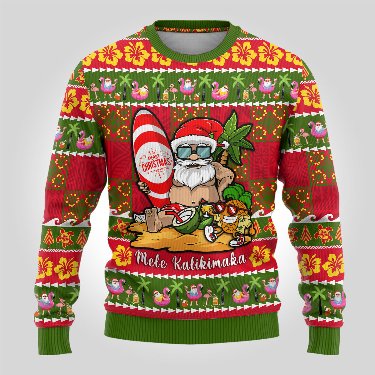 Personalised Hawaii Surfing Santa Christmas Ugly Christmas Sweater Tropical Pineapple Mele Kalikimaka Quilt Pattern LT14 - Polynesian Pride