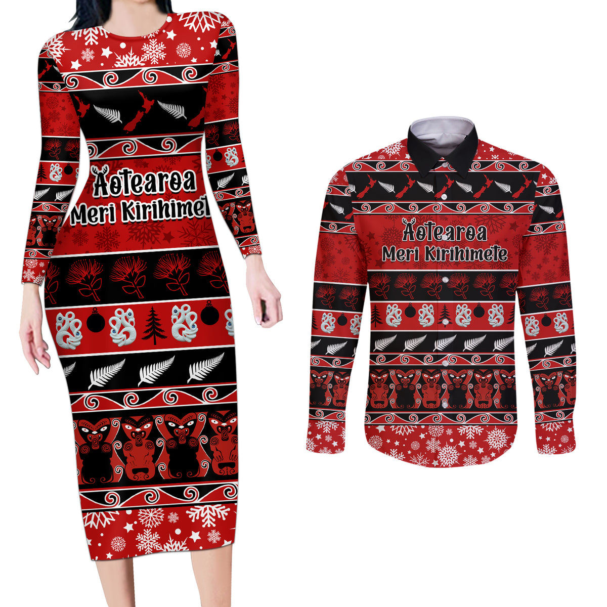 Personalised New Zealand Christmas Couples Matching Long Sleeve Bodycon Dress and Long Sleeve Button Shirt Aotearoa Kiwi Meri Kirihimete Red Version LT14 Red - Polynesian Pride