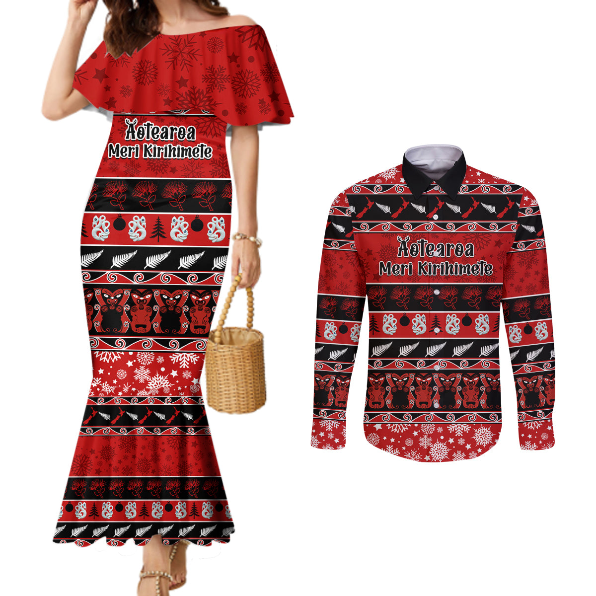 Personalised New Zealand Christmas Couples Matching Mermaid Dress and Long Sleeve Button Shirt Aotearoa Kiwi Meri Kirihimete Red Version LT14 Red - Polynesian Pride
