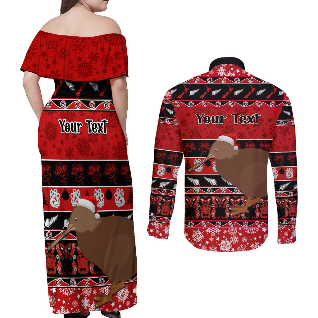 Personalised New Zealand Christmas Couples Matching Off Shoulder Maxi Dress and Long Sleeve Button Shirt Aotearoa Kiwi Meri Kirihimete Red Version LT14 - Polynesian Pride