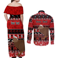 Personalised New Zealand Christmas Couples Matching Off Shoulder Maxi Dress and Long Sleeve Button Shirt Aotearoa Kiwi Meri Kirihimete Red Version LT14 - Polynesian Pride