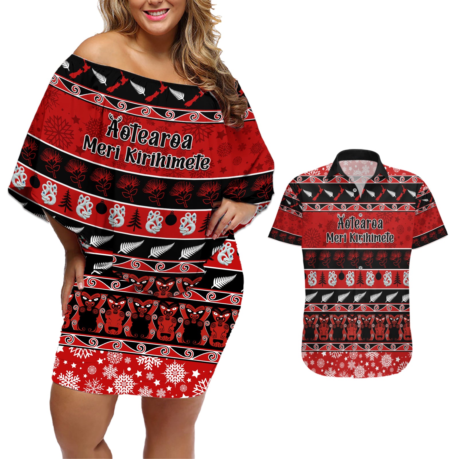 Personalised New Zealand Christmas Couples Matching Off Shoulder Short Dress and Hawaiian Shirt Aotearoa Kiwi Meri Kirihimete Red Version LT14 Red - Polynesian Pride