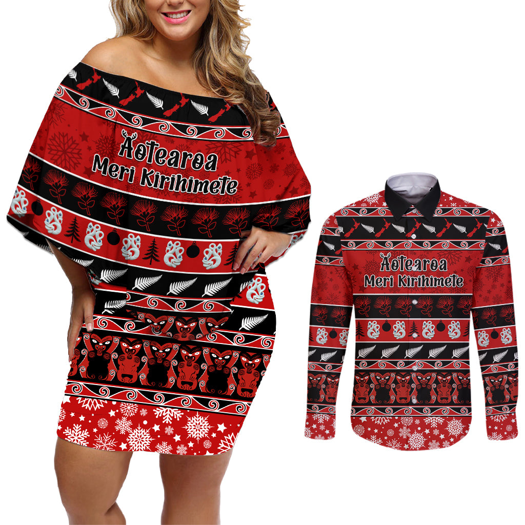 Personalised New Zealand Christmas Couples Matching Off Shoulder Short Dress and Long Sleeve Button Shirt Aotearoa Kiwi Meri Kirihimete Red Version LT14 Red - Polynesian Pride