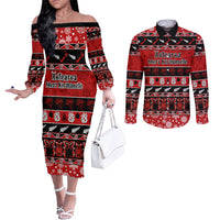 Personalised New Zealand Christmas Couples Matching Off The Shoulder Long Sleeve Dress and Long Sleeve Button Shirt Aotearoa Kiwi Meri Kirihimete Red Version LT14 Red - Polynesian Pride