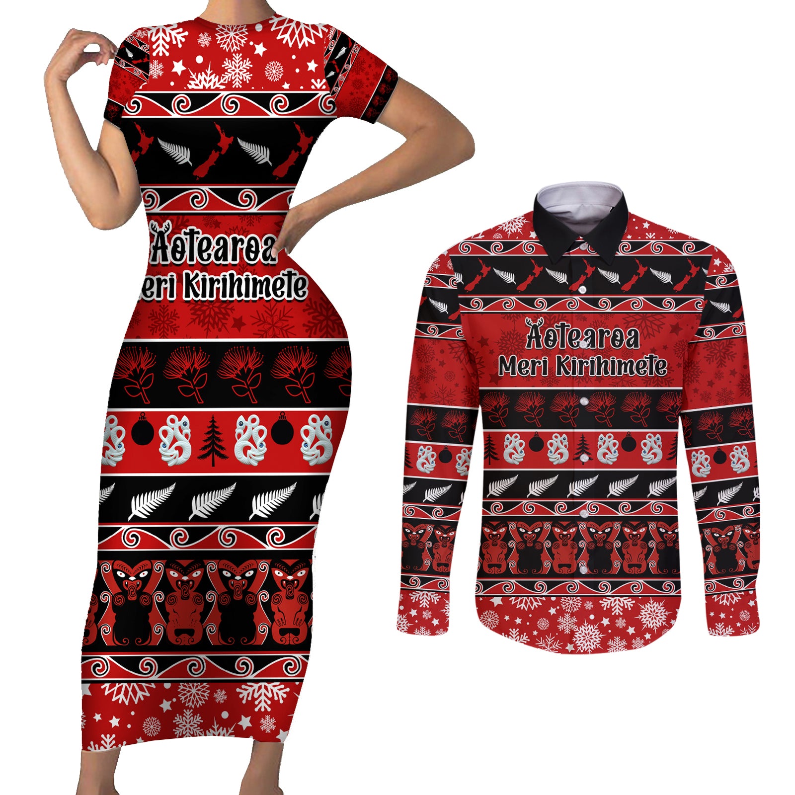 Personalised New Zealand Christmas Couples Matching Short Sleeve Bodycon Dress and Long Sleeve Button Shirt Aotearoa Kiwi Meri Kirihimete Red Version LT14 Red - Polynesian Pride