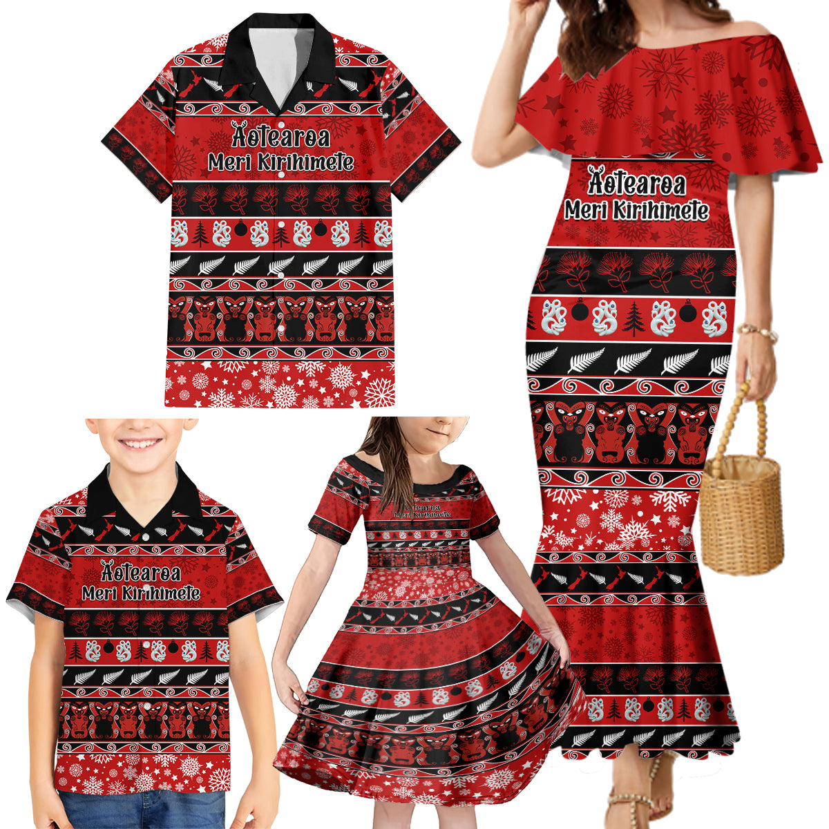 Personalised New Zealand Christmas Family Matching Mermaid Dress and Hawaiian Shirt Aotearoa Kiwi Meri Kirihimete Red Version LT14 - Polynesian Pride