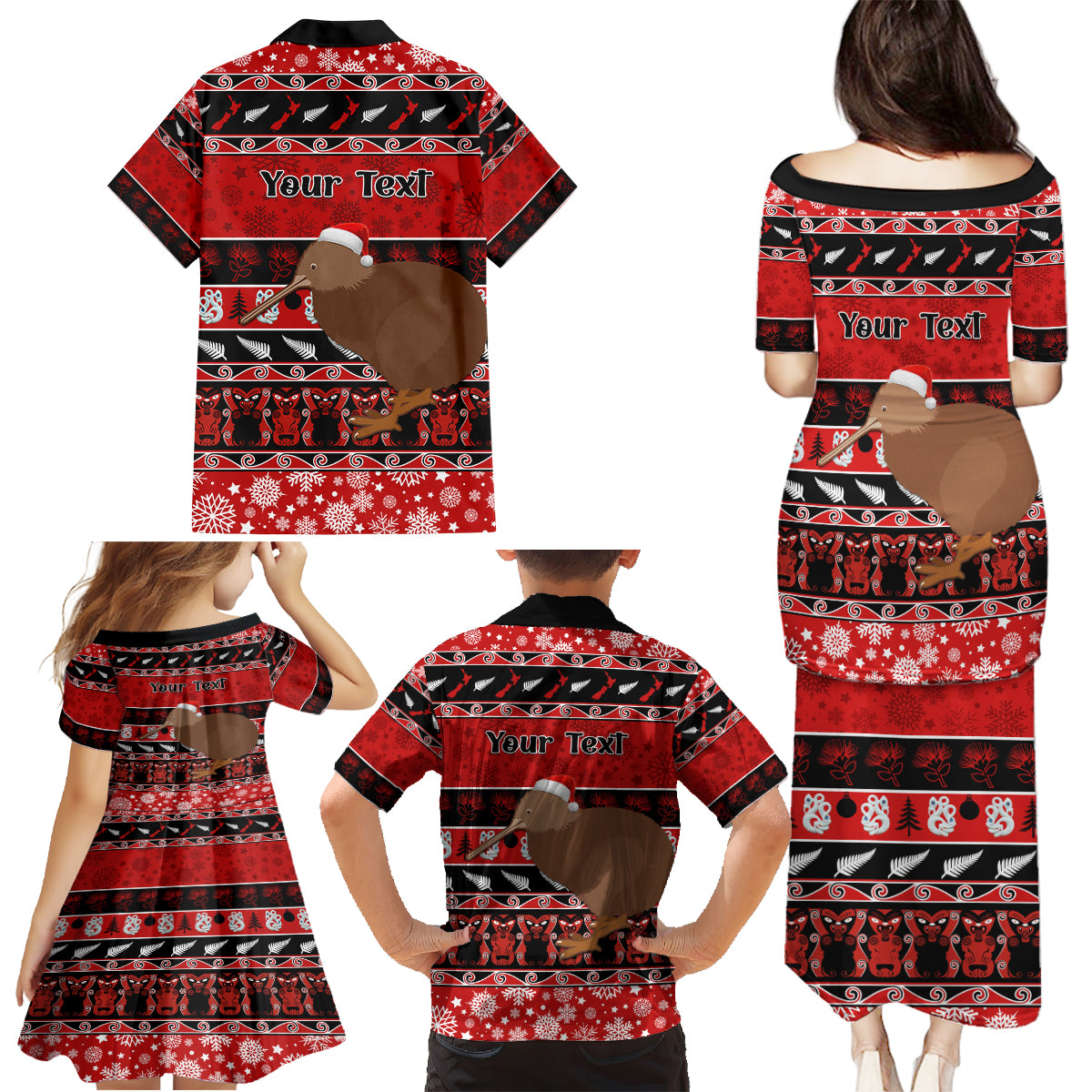 Personalised New Zealand Christmas Family Matching Puletasi Dress and Hawaiian Shirt Aotearoa Kiwi Meri Kirihimete Red Version LT14 - Polynesian Pride