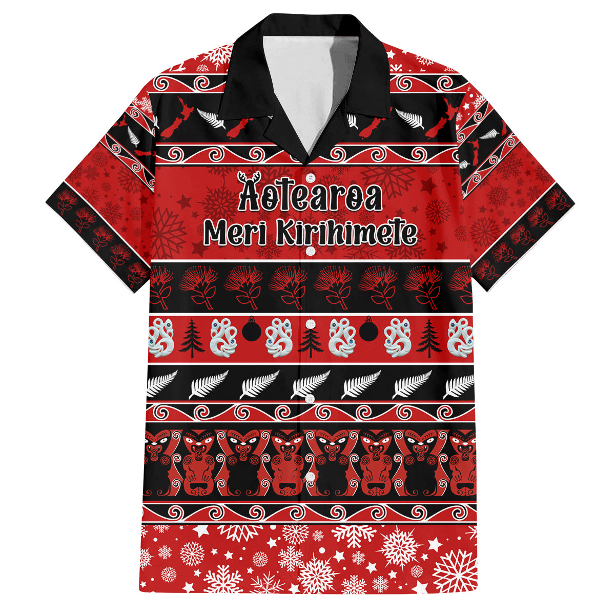 Personalised New Zealand Christmas Family Matching Puletasi Dress and Hawaiian Shirt Aotearoa Kiwi Meri Kirihimete Red Version LT14 Dad's Shirt - Short Sleeve Red - Polynesian Pride
