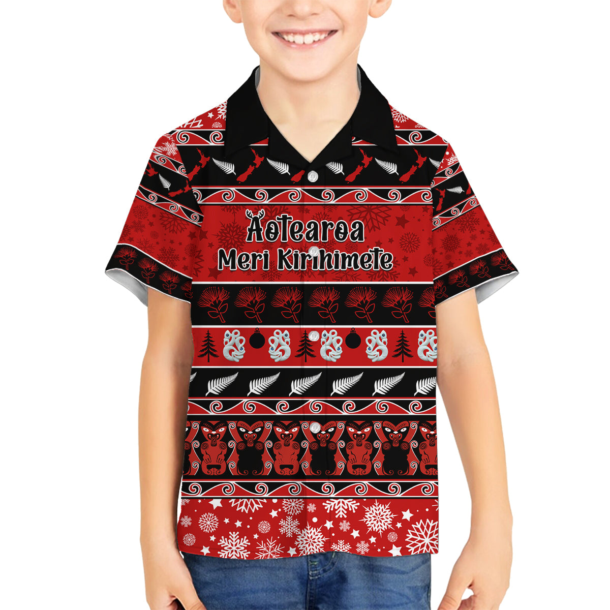 Personalised New Zealand Christmas Family Matching Puletasi Dress and Hawaiian Shirt Aotearoa Kiwi Meri Kirihimete Red Version LT14 Son's Shirt Red - Polynesian Pride