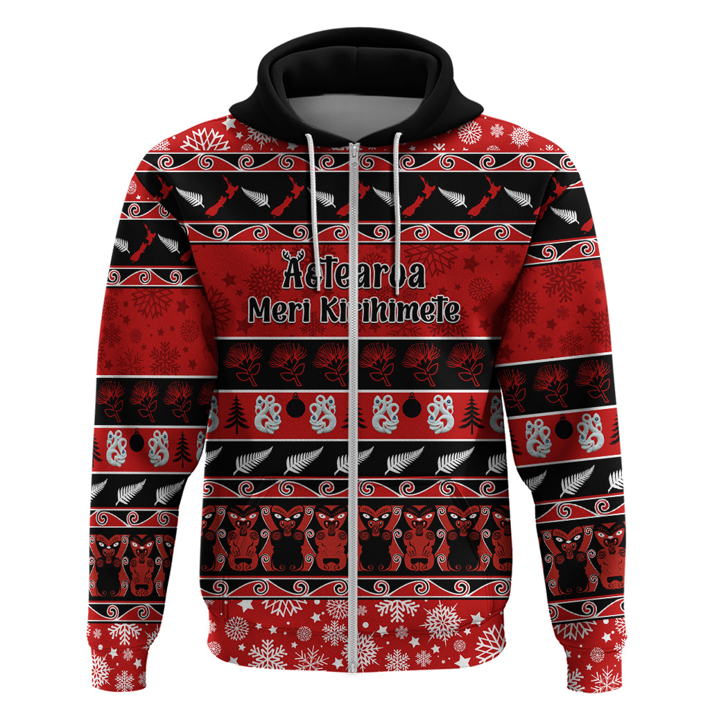Personalised New Zealand Christmas Hoodie Aotearoa Kiwi Meri Kirihimete Red Version LT14 - Polynesian Pride