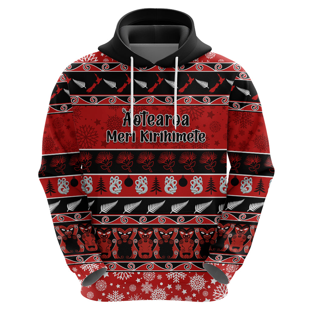 Personalised New Zealand Christmas Hoodie Aotearoa Kiwi Meri Kirihimete Red Version LT14 - Polynesian Pride