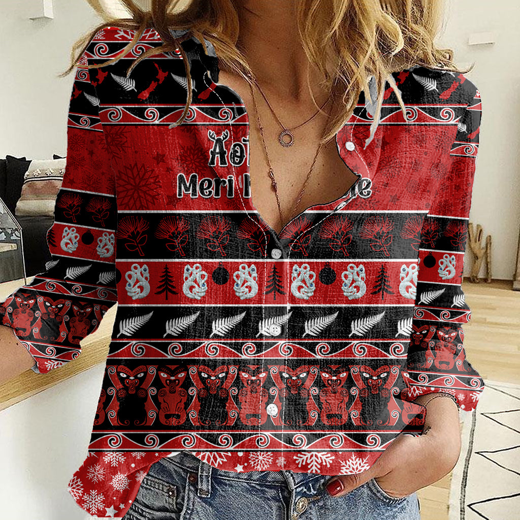 Personalised New Zealand Christmas Women Casual Shirt Aotearoa Kiwi Meri Kirihimete Red Version LT14 Female Red - Polynesian Pride