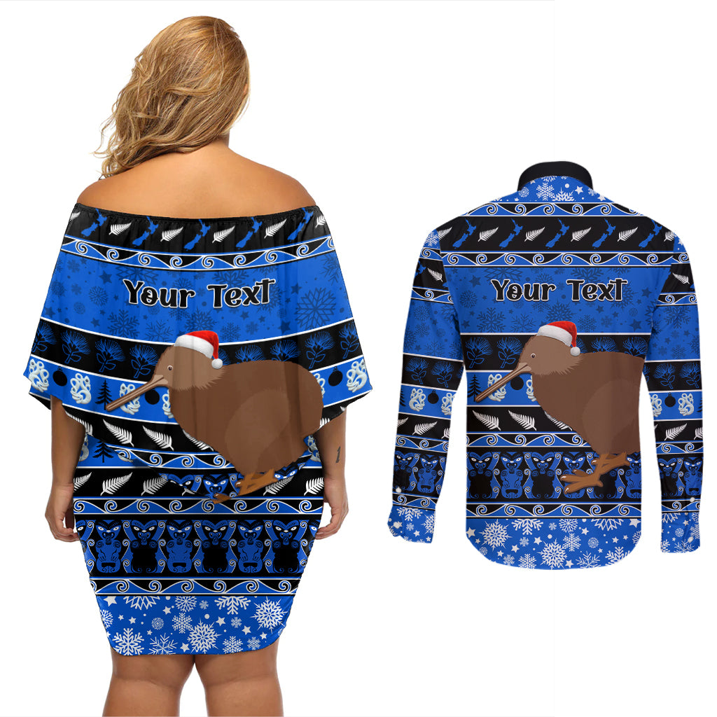 Personalised New Zealand Christmas Couples Matching Off Shoulder Short Dress and Long Sleeve Button Shirt Aotearoa Kiwi Meri Kirihimete Blue Version LT14 - Polynesian Pride