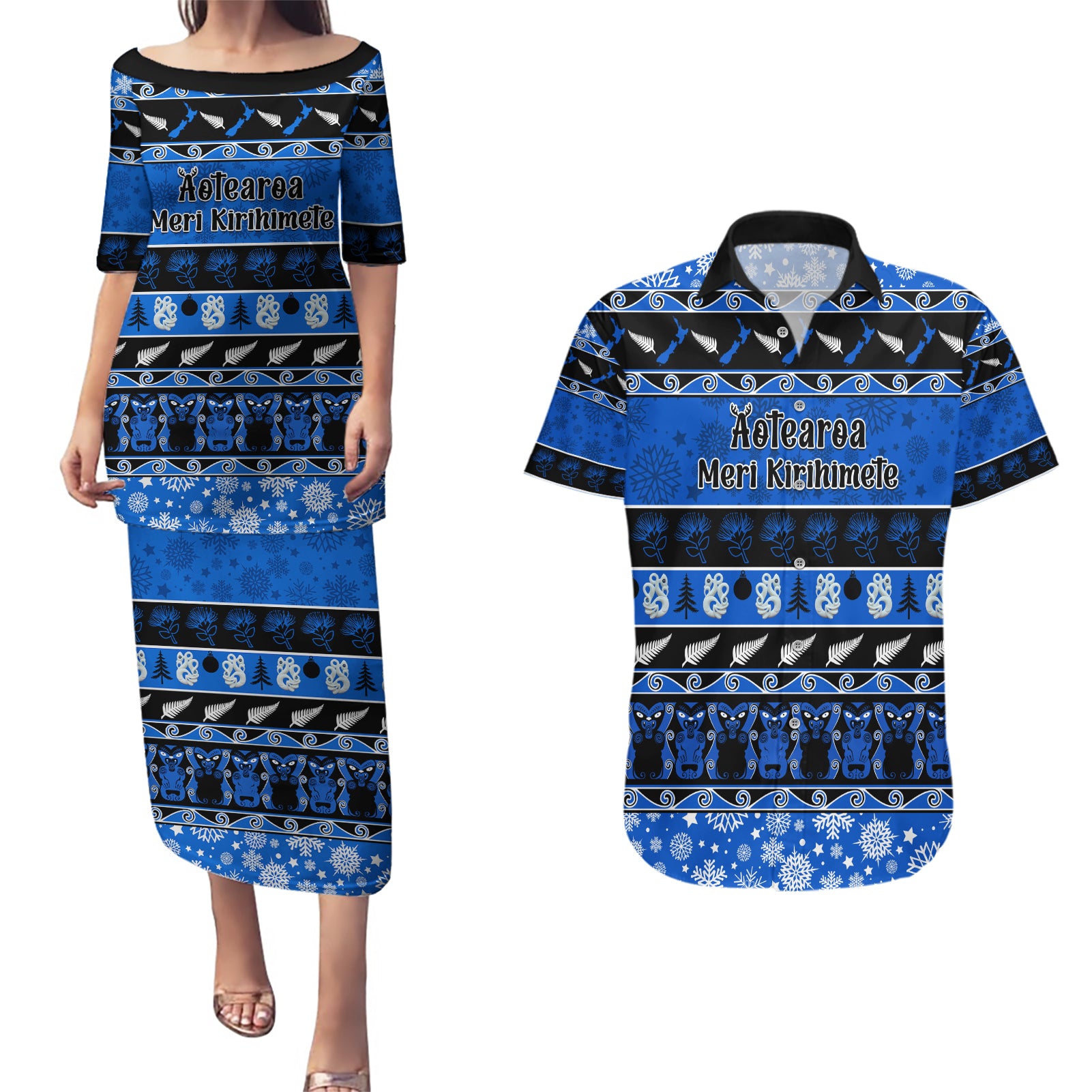 Personalised New Zealand Christmas Couples Matching Puletasi Dress and Hawaiian Shirt Aotearoa Kiwi Meri Kirihimete Blue Version LT14 Blue - Polynesian Pride