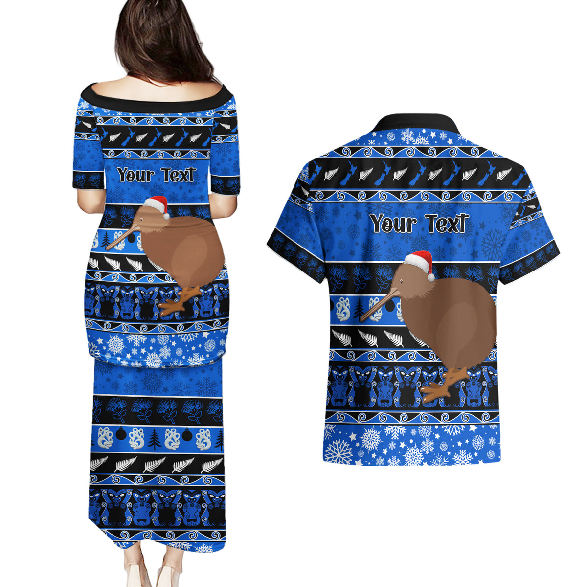 Personalised New Zealand Christmas Couples Matching Puletasi Dress and Hawaiian Shirt Aotearoa Kiwi Meri Kirihimete Blue Version LT14 - Polynesian Pride