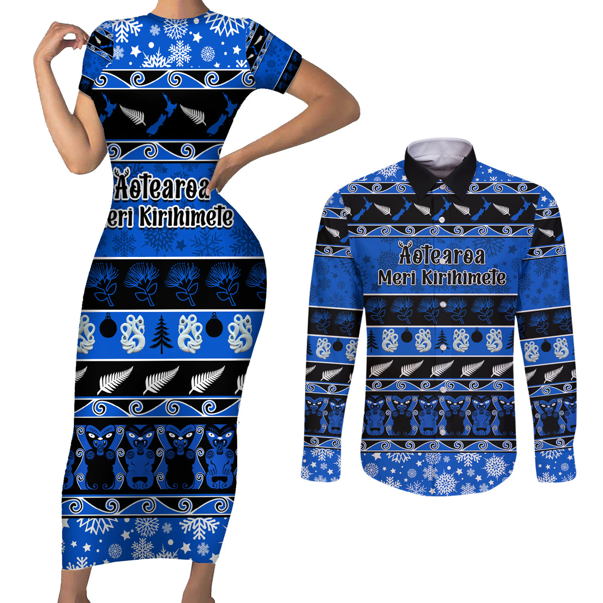 Personalised New Zealand Christmas Couples Matching Short Sleeve Bodycon Dress and Long Sleeve Button Shirt Aotearoa Kiwi Meri Kirihimete Blue Version LT14 Blue - Polynesian Pride