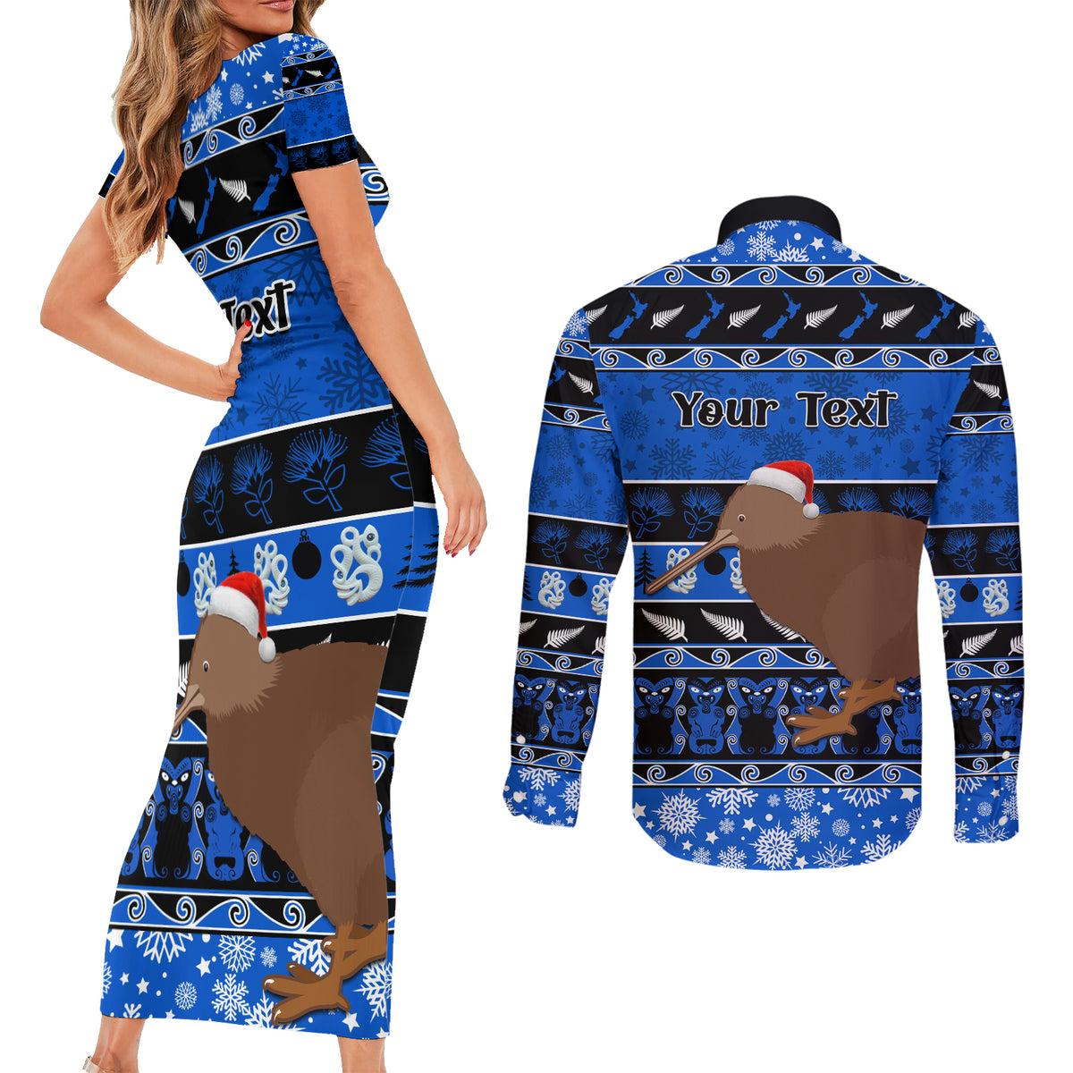 Personalised New Zealand Christmas Couples Matching Short Sleeve Bodycon Dress and Long Sleeve Button Shirt Aotearoa Kiwi Meri Kirihimete Blue Version LT14 - Polynesian Pride