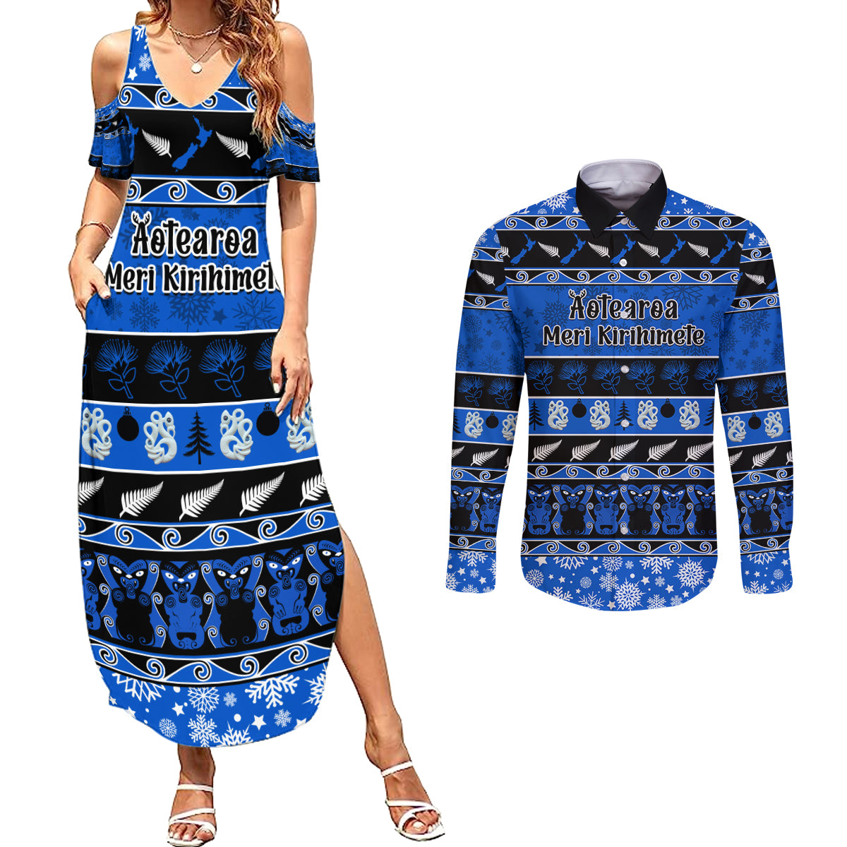Personalised New Zealand Christmas Couples Matching Summer Maxi Dress and Long Sleeve Button Shirt Aotearoa Kiwi Meri Kirihimete Blue Version LT14 Blue - Polynesian Pride
