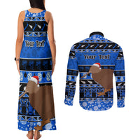 Personalised New Zealand Christmas Couples Matching Tank Maxi Dress and Long Sleeve Button Shirt Aotearoa Kiwi Meri Kirihimete Blue Version LT14 - Polynesian Pride