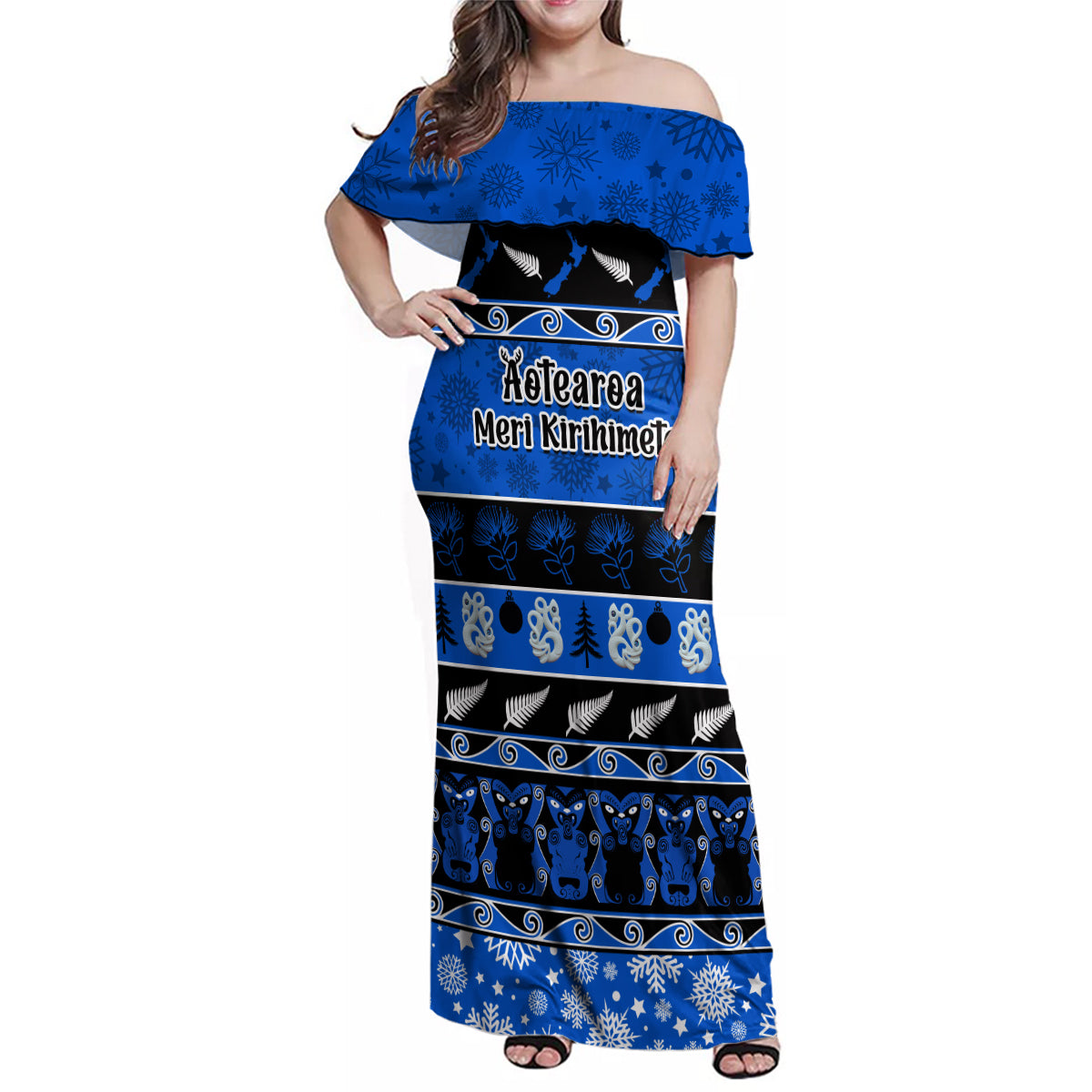 Personalised New Zealand Christmas Family Matching Off Shoulder Maxi Dress and Hawaiian Shirt Aotearoa Kiwi Meri Kirihimete Blue Version LT14 Mom's Dress Blue - Polynesian Pride