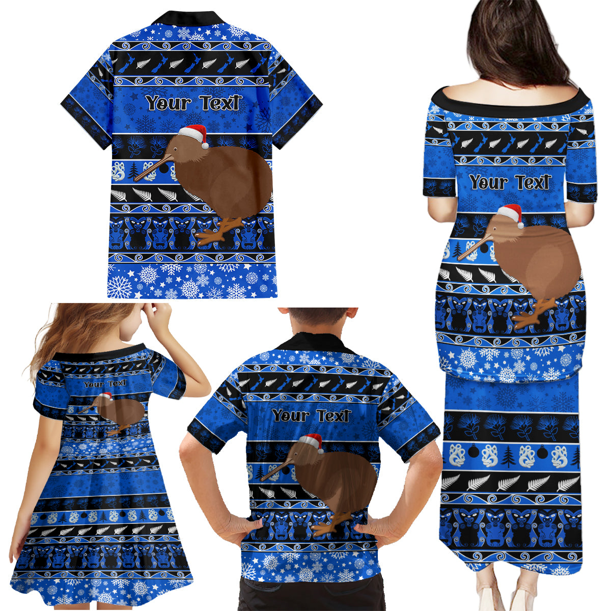 Personalised New Zealand Christmas Family Matching Puletasi Dress and Hawaiian Shirt Aotearoa Kiwi Meri Kirihimete Blue Version LT14 - Polynesian Pride