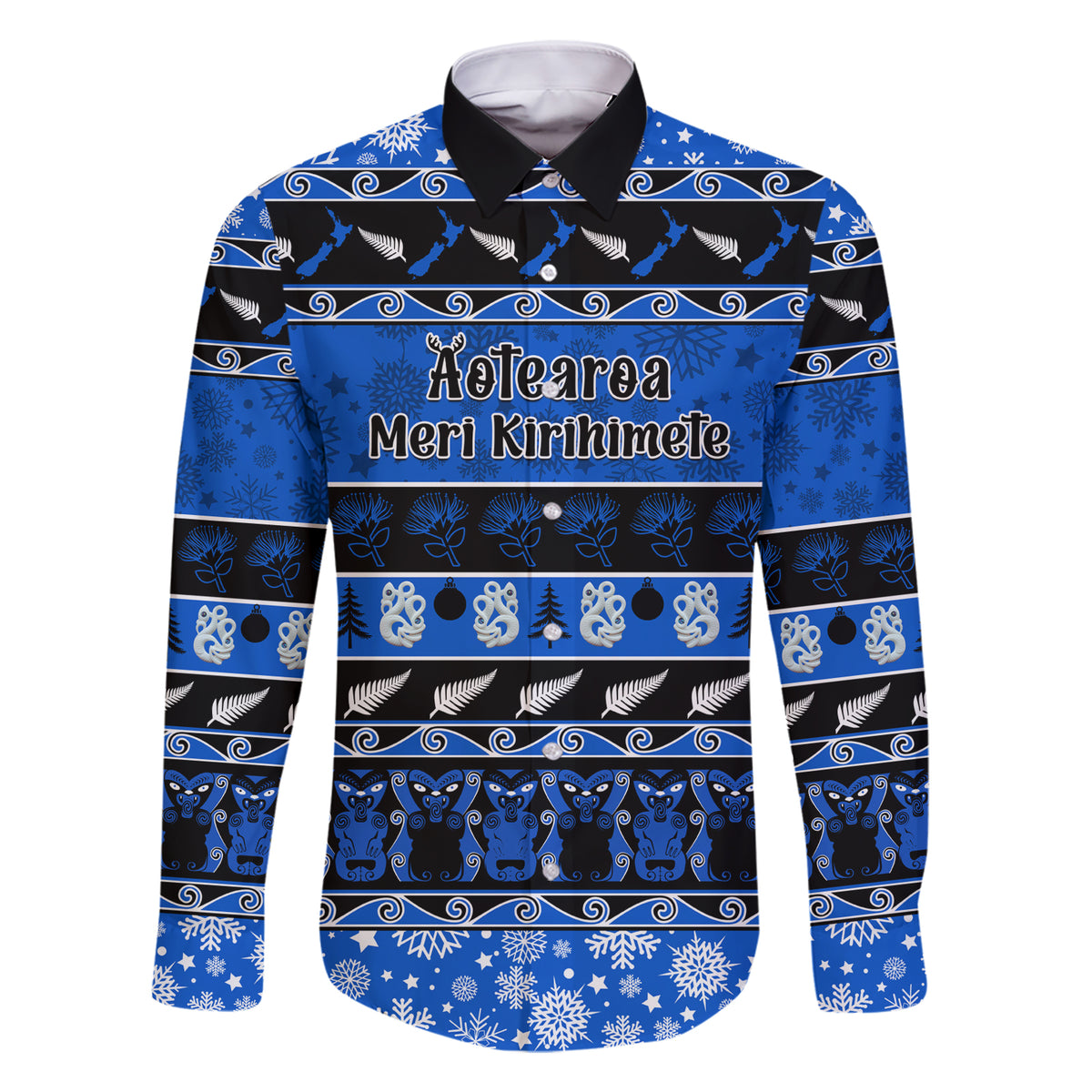 Personalised New Zealand Christmas Family Matching Short Sleeve Bodycon Dress and Hawaiian Shirt Aotearoa Kiwi Meri Kirihimete Blue Version LT14 Dad's Shirt - Long Sleeve Blue - Polynesian Pride